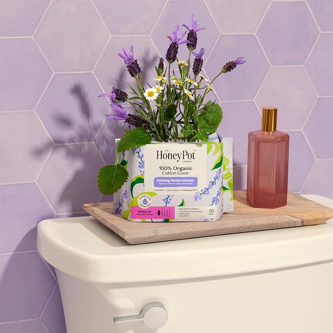 The Honey Pot Company - Calming - Regular Pads for Women | 100% Organic Cotton Cover - Calming Herbs of Lavender, Ashwagandha, & Lemon Balm - Pads w/Wings - Feminine Care - 20ct