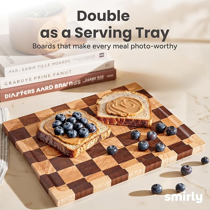 SMIRLY Wood Cutting Boards for Kitchen Wooden Chopping Board Set Reversible with Deep Juice Grooves Grip Handles, Large Charcuterie Tray for Home Kitchen, Rubber Wood, 3Pcs with Holder