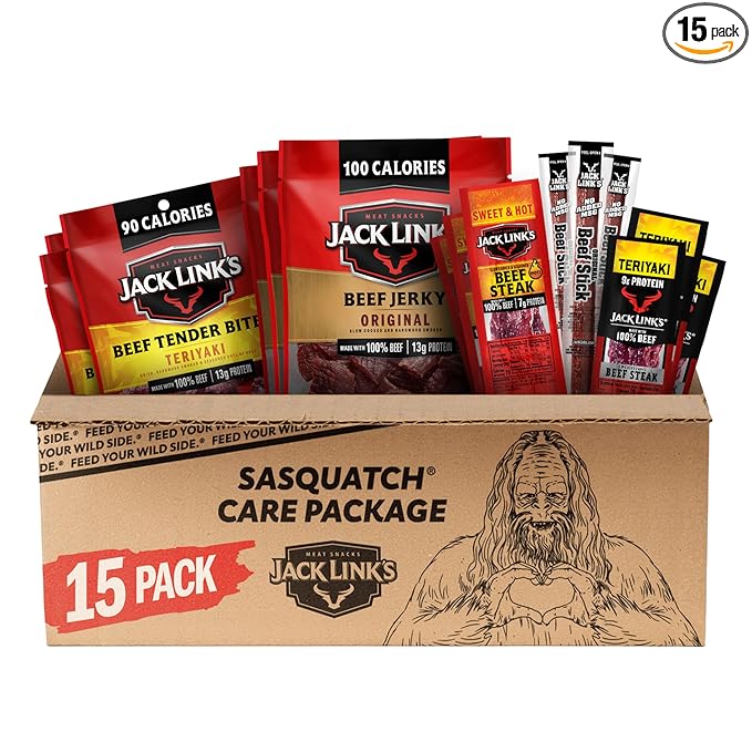 Jack Link's Beef Jerky Variety Pack Gift Basket - 15 Pack - Assorted Jerky, Steaks, and Meat Sticks - Ready to Eat Protein Snacks - Made with 100% Real Beef - Valentine's Day Gift for Him
