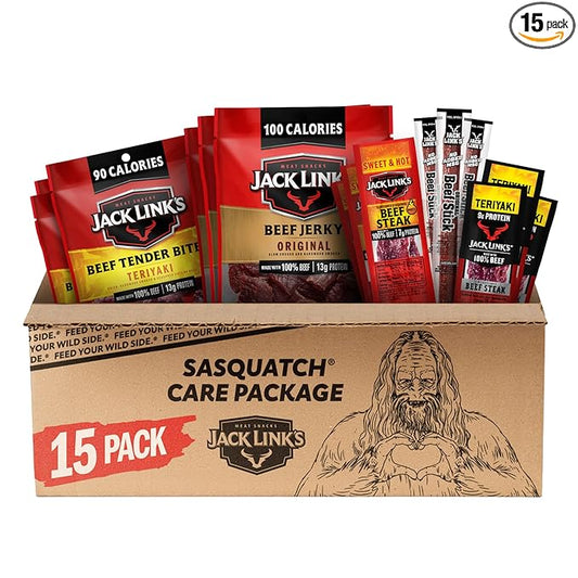 Jack Link's Beef Jerky Variety Pack Gift Basket - 15 Pack - Assorted Jerky, Steaks, and Meat Sticks - Ready to Eat Protein Snacks - Made with 100% Real Beef - Valentine's Day Gift for Him