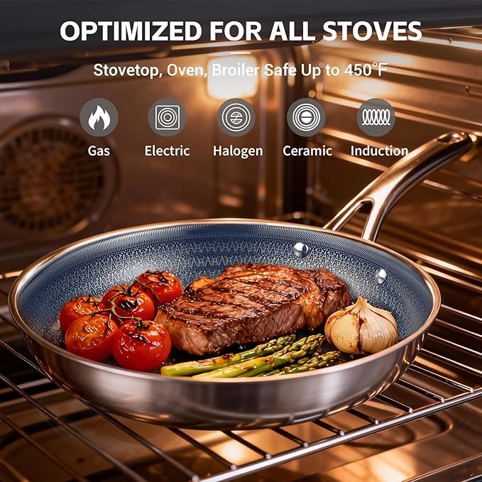Ammeloo Hybrid Stainless Steel Cookware Set, 17-Piece Tri-Ply Pots and Pans Set Non Stick, Induction Kitchen Cookware Sets, Dishwasher & Oven Safe, PFOA Free, All Cooktops Compatible, Navy Blue