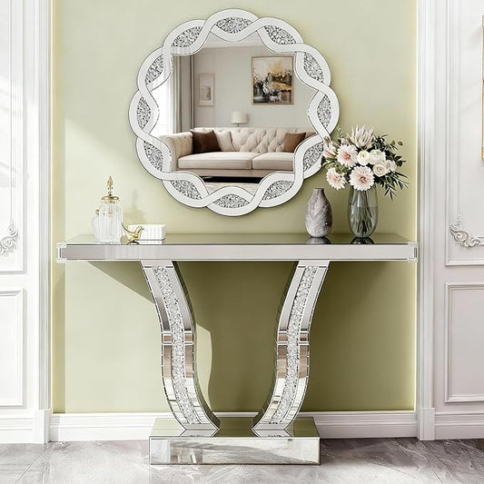 SSLine Modern Mirrored Entryway Table with Round Wall Mirror Set of 2 Luxury Silver Mirror Console Table with 31.5" Wave Frame Decor Mirror,Crush Diamond U-Shape Hallway Table for Living Room Entrance