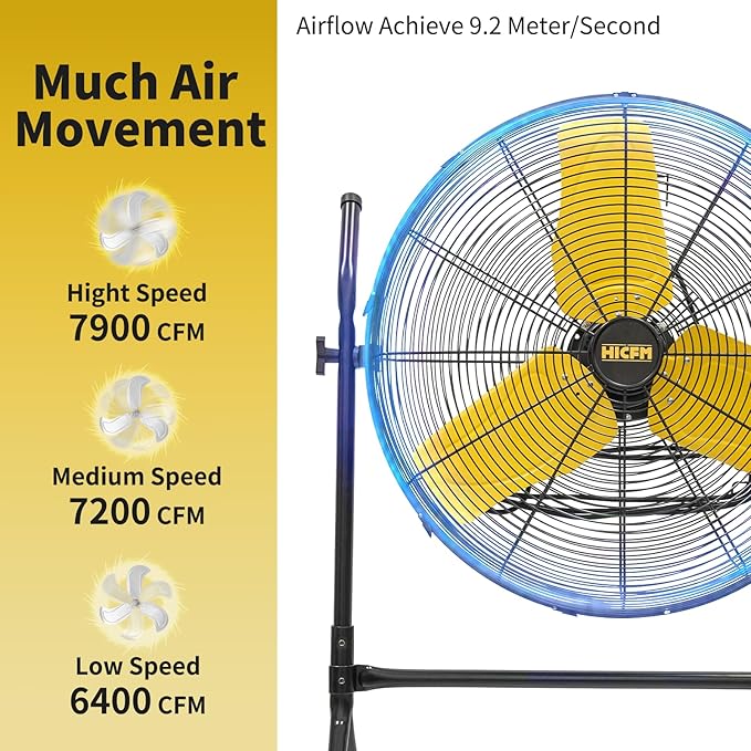 HiCFM 7900 CFM 24 inch Roll-About Tilt Stand Fan with Ball Bearing Powerful 2/5HP Motor, 9FT Cord, 180 Degree Tilting with Wheels for Industrial Use, UL Safety Listed