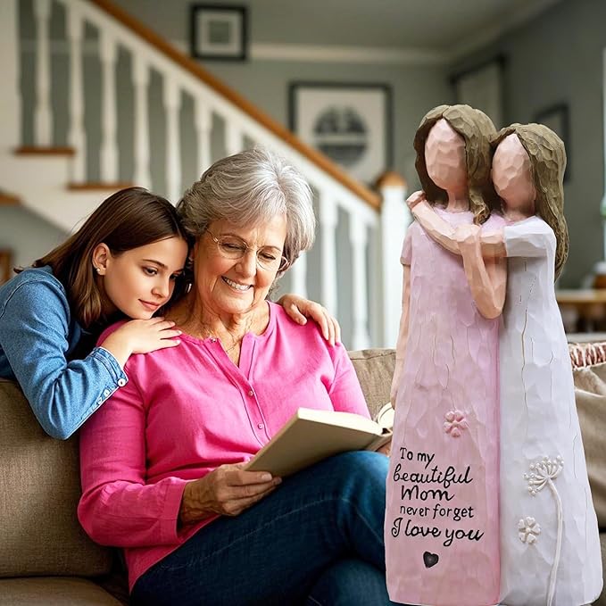 Mother Daughter Gift, Birthday Gifts for Mom from Daughter, Sculpted Hand-Painted Figurine (Pink)