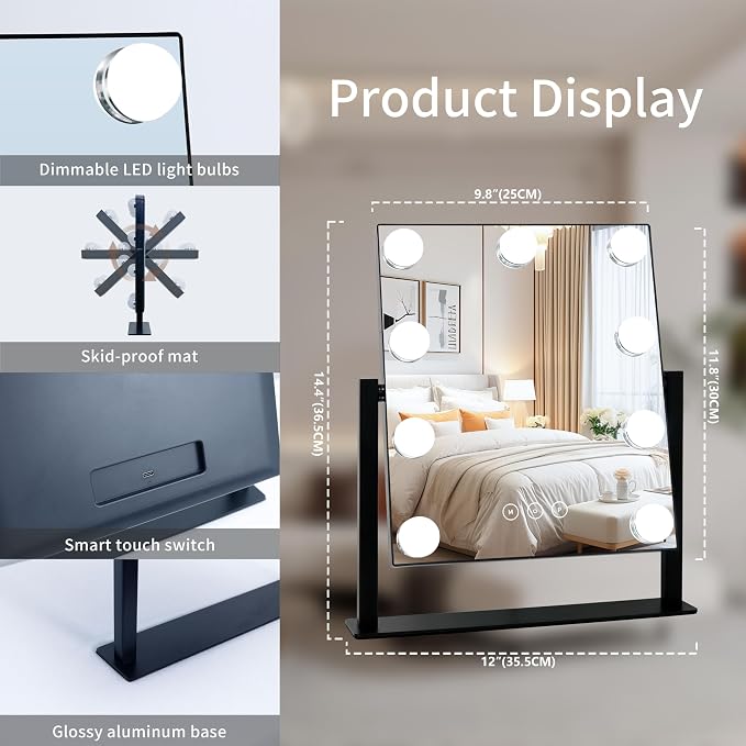Kotdning Vanity Mirror with Lights,Lighted Vanity Mirror with 9 Dimmable Bulbs for Dressing Room & Bedroom,3 Color Lighting,Modes Detachable 10x Magnification 360°Ratation (Black) 12" L x 14.4" W