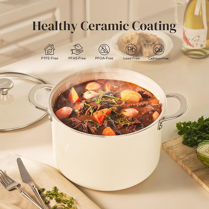 Redchef Ceramic Stock Pot with Lid, 8 Qt Soup Pot Nonstick for Family Cooking, Pasta Pot Large Induction Cooking Pot, Stay-Cool Handles, Even Heating, Oven/Dishwasher Safe, PFOA Free, Beige