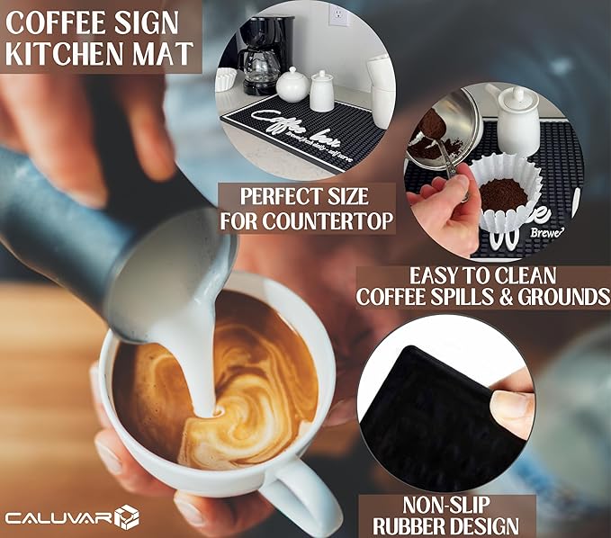 Coffee Bar Mat for Countertop, Large Barista Mat 18x12, Coffee Mat, Kitchen Decor and Accessories Coffee Bar Sign, Durable Kitchen Bartender Mat, Bar Rubber Mat for Home Bar, Cocktail Rubber Mat