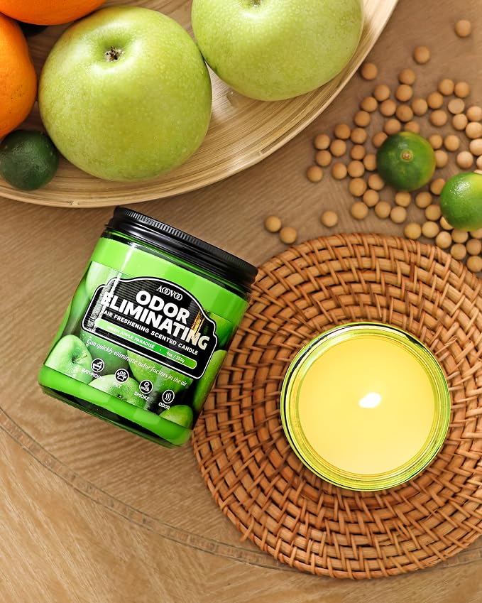 AOOVOO Green Apple Odor Eliminating Highly Fragranced Candle - Eliminates 95% of Pet, Smoke, Food, and Other Smells Quickly, Non Toxic Air Freshing Soy Candle, Up to 50 Hours Burn time