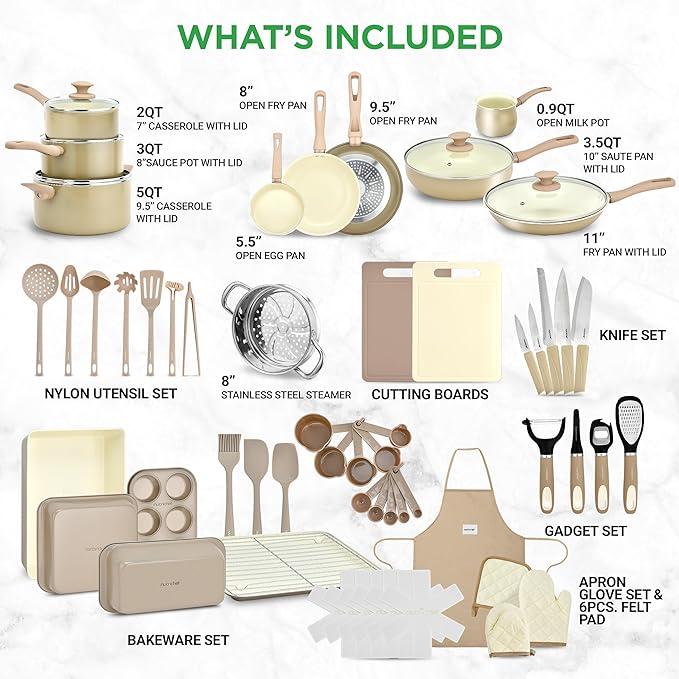 Nutrichef 54-Piece Marble Non-Stick Cookware and Bakeware Set, Professional Home Kitchen Collection with Multi-Sized Pots and Pans Set, and Heat-Resistant Tools