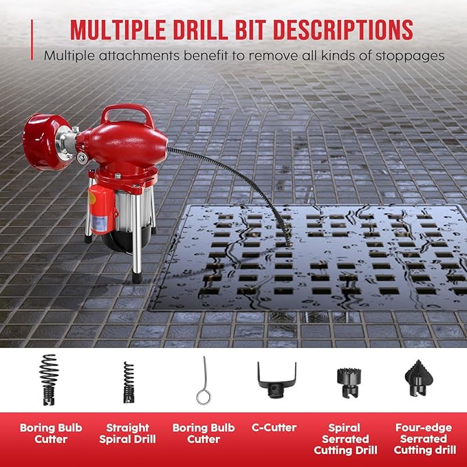 Drain Cleaner Machine 40FT, 350W 2 Cables, Electric Drain Auger for 3/4" to 4" Pipes, Electric Drain Auger with 6 Cutters for Toilet, Sewer, Bathroom, Sink and Shower