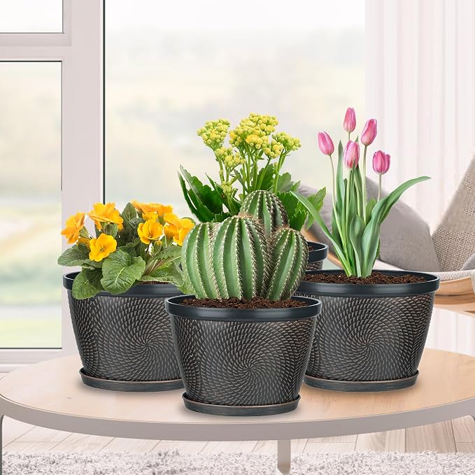 Quarut 4 Pack 8 Inch Flower Pots Planters for Outdoor Indoor | Plastic Plant Pots with Drainage Hole & Tray, Modern Decorative Garden Pot with Saucer, planters for House