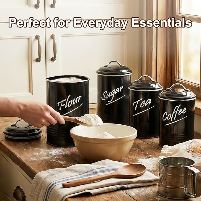 Hillbond Kitchen Canister Set of 4, Airtight Stainless Steel Food Storage Containers with Lids, Flour Sugar Coffee Tea Canisters for Countertop, Metal Kitchen Storage Jars, Black