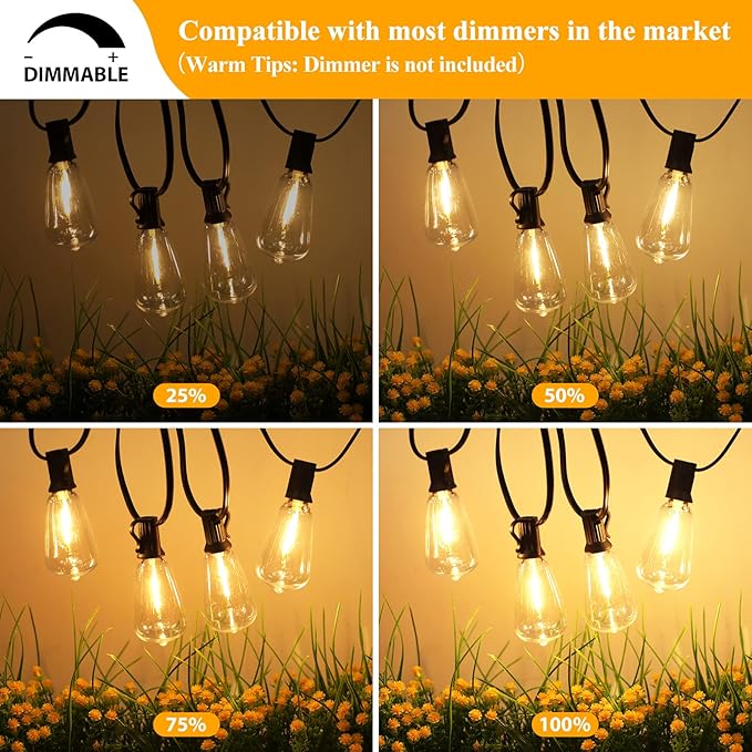 Brightever LED Outdoor String Lights 60FT with 32 Shatterproof ST38 Vintage Edison Bulbs, Outside Hanging Lights Waterproof for Patio, Porch, Deck, Garden, Backyard, Balcony, 2700K Dimmable