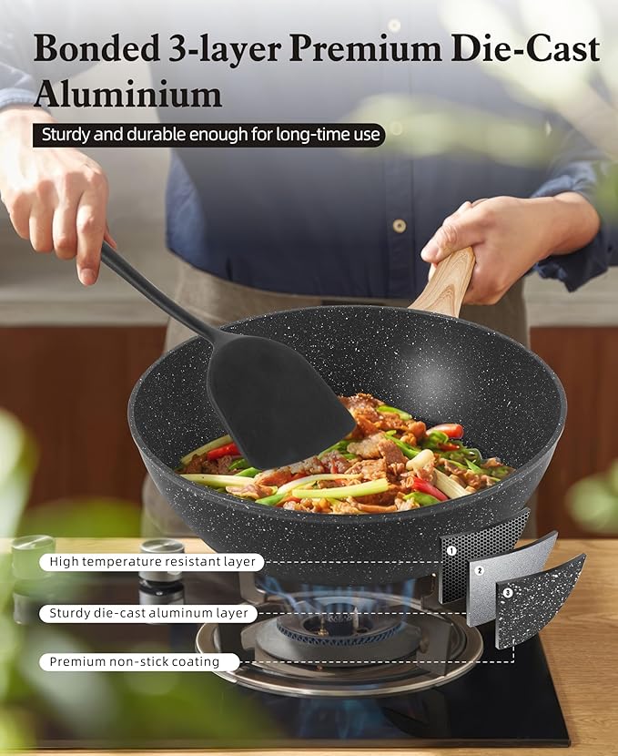 12-Piece Nonstick Ceramic Cookware Set, Healthy Non-Toxic Granite Pots and Pans Set, PFAS PFOA Free Kitchen Cookware with Silicone Spatula, Dishwasher Safe, Black
