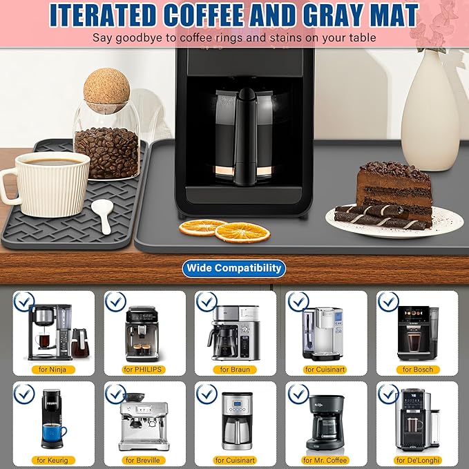 Silicone Coffee Maker Mat- Espresso coffee bar Mat accessories19"*12" - Convex Design, Leak-Proof and Non-Slip, Suitable for Use Under the Coffee Machine to Keep the Countertop Clea（Grey）