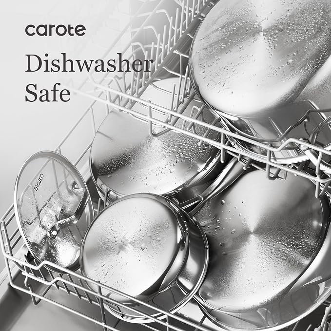 CAROTE 30 PCS Tri-Ply Stainless Steel Cookware Set, Pots and Pans Set, Non Toxic Induction Kitchen Cooking Sets, Cookware Collection, Silver