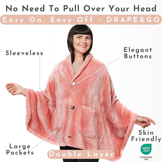 EzrAllora Premium Double Layer Wearable Blanket for Women -No Sleeves- Shawl with Pockets- Wrap Blanket- Gifts for Grandma (Powder Pink)