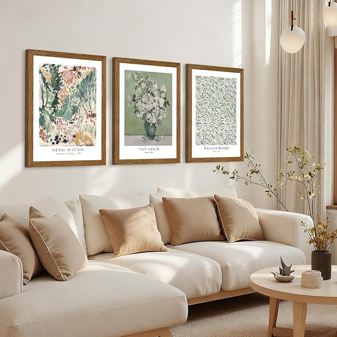JLTULT 3 Piece Vintage Sage Green Canvas Wall Art, Van Gogh Matisse Wall Decor, Botanical Painting Artwork Prints for Living Room Bedroom Home Office 16X24 inch Wood Framed Easy to Hang