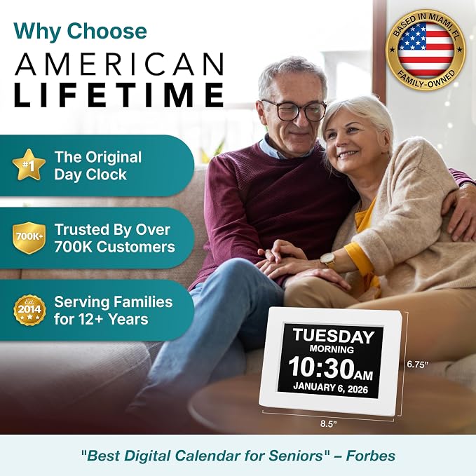 American Lifetime New 2026 Dementia Clock Large Digital Clock for Seniors, Large Display with Custom Alarms, Calendar Clock with Day & Date for Elderly, Clear Numbers Alzheimer Digital Clock White