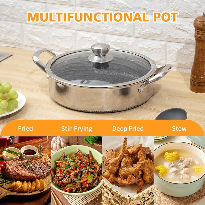 Toutrop Stainless Steel 7QT Saute Pan 14 Inch Deep Frying Pan with Lid Nonstick,Hybird Induction Cooking Pan,PFOA Free Cookware,Large Skillets