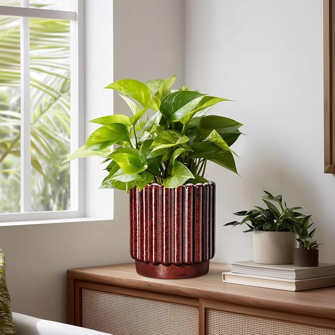 Ceramicfor Ceramic Plant Pot, 7.6 Inch, Red | Indoor Planter, Drainage Hole, Fluted Design, Round Shape, Outdoor/Patio Use