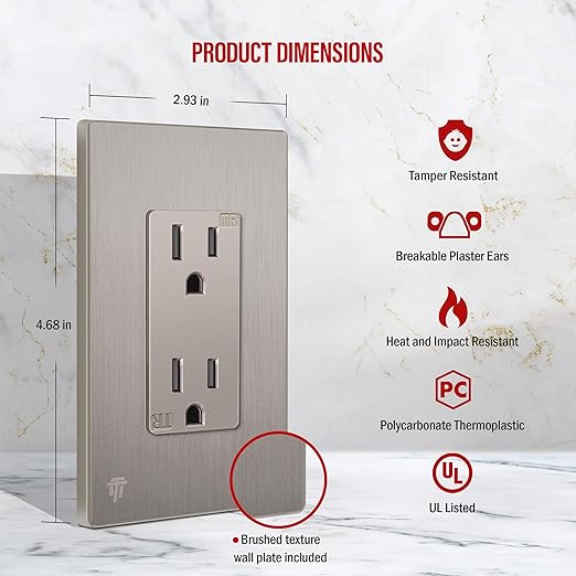 ENERLITES Elite Series Decorator Receptacle Outlet Child Safe Tamper-Resistant, Gloss Finish, Self-Grounding, Residential Grade, 15A 125V Standard Electrical Wall Outlet, UL Listed, Nickel (10 Pack)