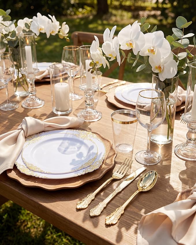 Nervure 350PCS Gold Plastic Plates - Gold Plastic Dinnerware Sets for 50 Guests - 100 Disposable Plates, 150 Silverware, 50 Cups, 50 Napkins for Wedding & Party & Mothers Day
