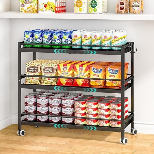 3-Tier Expandable Rolling Pantry Organizers and Storage Cart with Wheels, Adjustable Pantry Floor Organizer, Snack Cart for Pantry, Kitchen Storage Cart with 4 Hooks for Snack, Food, Vegetables
