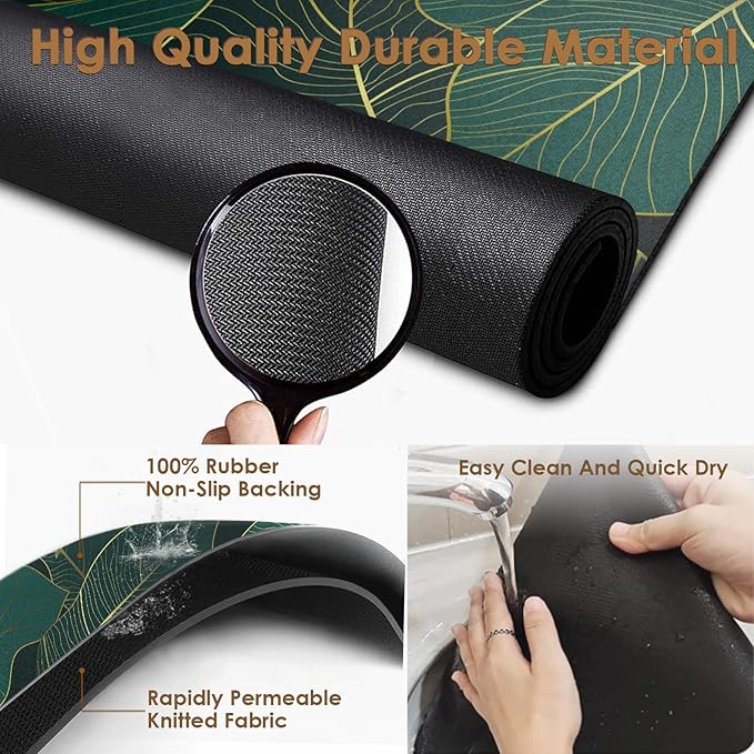 Arttown Coffee Mat for Countertop, Golden Banana Leaf Emerald Green Dish Drying Mat 2 Pcs for Kitchen Bar Accessories, Coffee Maker Espresso Machine Rubber Backed 12x19in