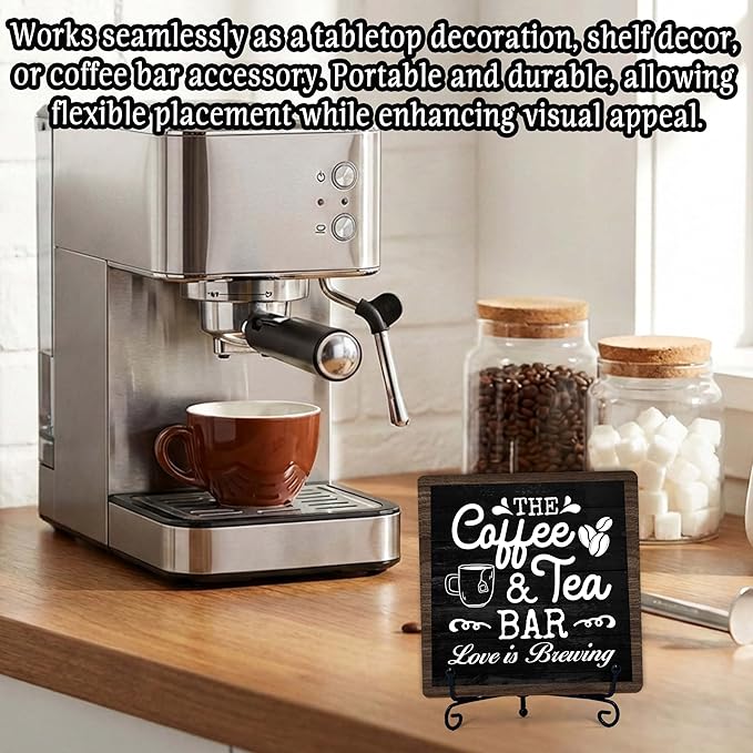Coffee Bar Sign, Love is Brewing Farmhouse Tabletop Decor, Coffee and Tea Lover Gifts, 5x5 Wood Plaque with Iron Stand for Home Kitchen Cafe, Coffee Bar Decor – L05