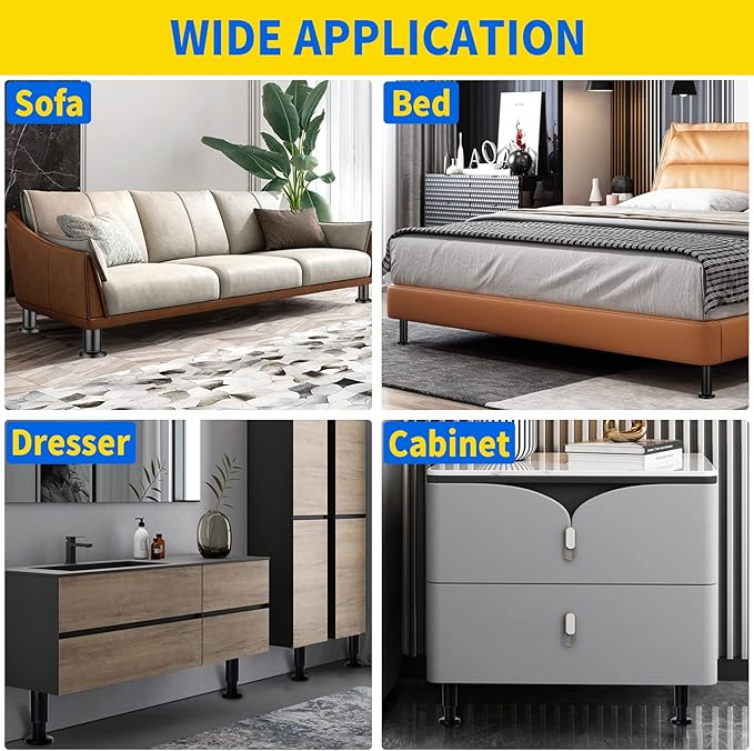 6 PCS Adjustable Furniture Couch Cabinet Legs 4.72-7.48 Inch, Heavy Duty Adjustable Height Replacement Legs for Dresser/Sofa/Bed/Chair, Legs for Furniture Set of 6 (Black)