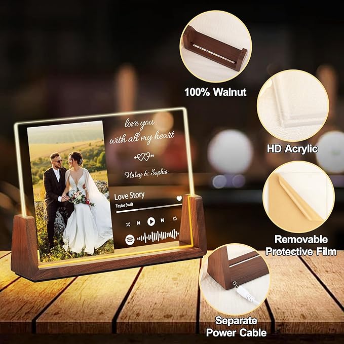 Personalized Valentine's Day Couples Gifts For Him Her Women Men, Custom Acrylic Spotify Plaque Light Up Picture Frame, Customized Anniversary Birthday Wedding Gifts For Husband Wife BF GF