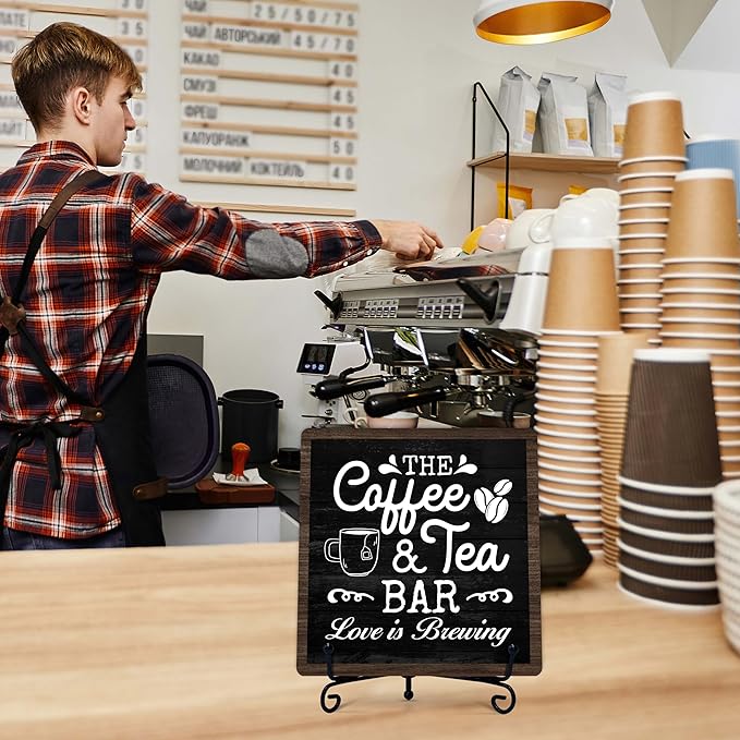 Coffee Bar Sign, Love is Brewing Farmhouse Tabletop Decor, Coffee and Tea Lover Gifts, 5x5 Wood Plaque with Iron Stand for Home Kitchen Cafe, Coffee Bar Decor – L05
