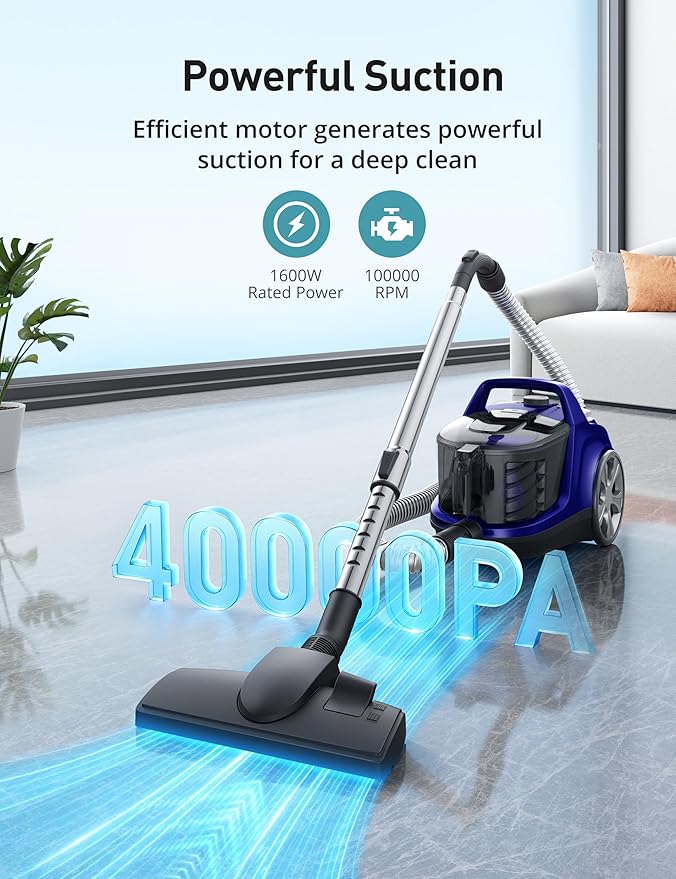 Aspiron Canister Vacuum, Upgraded 1600W Bagless Canister Vacuum Cleaner | Auto Cord Rewind, H13 HEPA Filter, 4Qt Large Capacity, 5 Tools for Hard Floors, Carpet, Pet, Upholstery, Tiles, Aqua