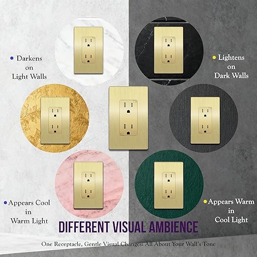 ENERLITES Elite Series Decorator Receptacle Outlet Child Safe Tamper-Resistant, Gloss Finish, Self-Grounding, Residential Grade, 15A 125V, 61501-TR-GDWBP5P, Brushed Gold (5 Pack)