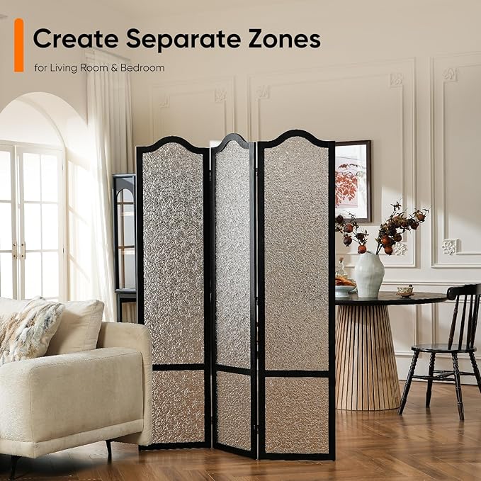 JOSTYLE Acrylic Room Divider, Folding Privacy Screen for Office & Loft, 3-Panel Modern Room Partition, Frosted Glass Like, Black Wood Frame, 67" H x 47.2" W