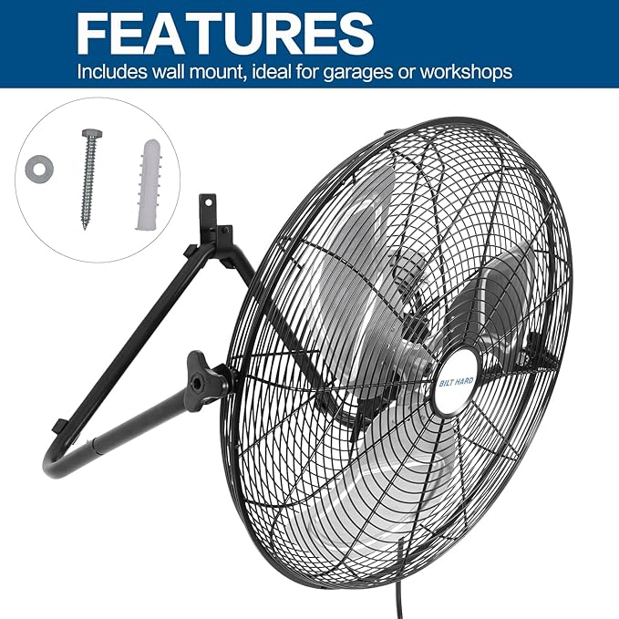 BILT HARD 20 Inch Heavy Duty Floor Fan - 4650 CFM High Velocity, 3-Speed with Wall-Mounting System, Industrial Shop Fan for Commercial, Garage, and Greenhouse