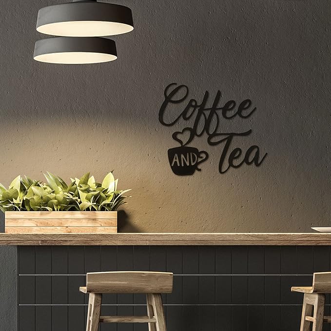 Ferraycle Coffee Bar Decor, 12 x 10.2 Inch Sign for Wall Metal Rustic Hanging Wall Art Vintage Black Cup Letter Sign for Cafe Home Office Kitchen(Coffee and Tea)
