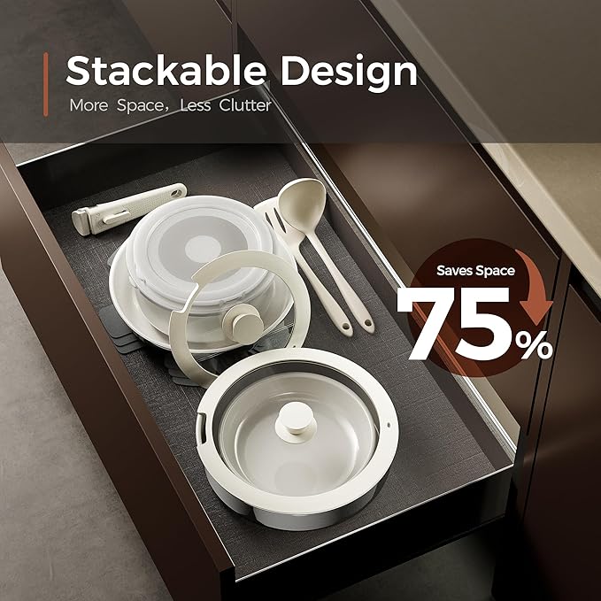 16pcs Nonstick Cookware Set, Diamond-Titanium Ceramic Coating & 3 Layer Stainless Steel Pots and Pans Set with Detachable Handle, Dishwasher Safe, Induction Compatible, Oven Safe, White