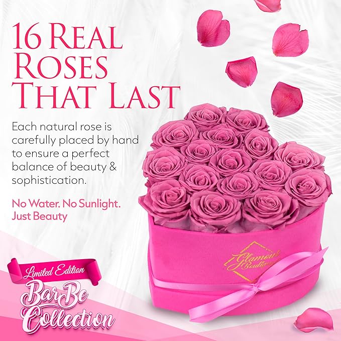 GLAMOUR BOUTIQUE 16 Flower Forever Heart Shape Box, for Mom, Eternal Preserved Roses Gift for Her, Him, Lasting Flowers Bouquet, for Birthday, Anniversary, Velvet Pink (Color-Treated)