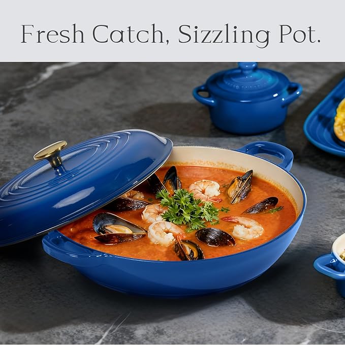 CAROTE 3.4QT Enamel Cast Iron Cookware, Skillet with Lid, Blue Dutch Oven | Shallow Round Braiser Pan Oven Safe, Non-Toxic Pot for Grilling, Searing, Baking, Dual Handles, All Stovetop Compatible