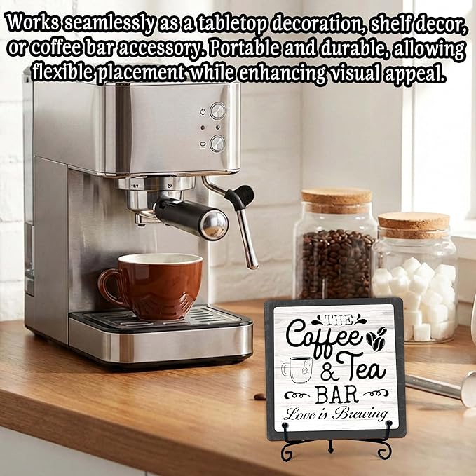 Coffee Bar Sign, Love is Brewing Farmhouse Tabletop Decor, Coffee and Tea Lover Gifts, 5x5 Wood Plaque with Iron Stand for Home Kitchen Cafe, Coffee Bar Decor – L08