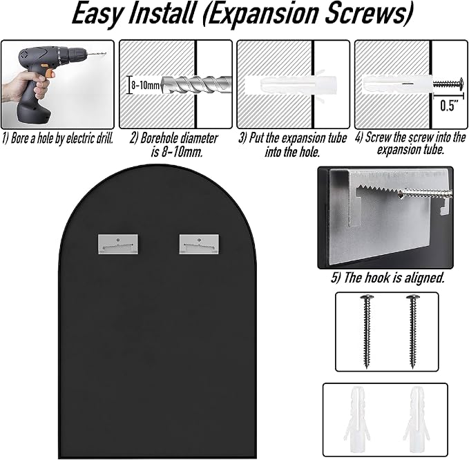SCWF-GZ 36x24 Arch Mirror Rectangle Full Length Wall Mounted Hanging or Against Wall Metal Aluminium Alloy Frame Dressing Make-up Mirrors for Entryway Bedroom Bathroom Living Room 36 24 inch Black