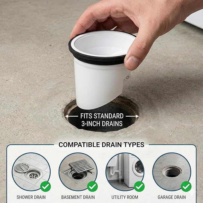 Drain Seal for 3 Inch General Purpose Floor Drain, Spring-Loaded Backflow Preventer Valve, Sewer Gas & Odor Blocker Core, Anti-Clog Solution for Basement & Shower
