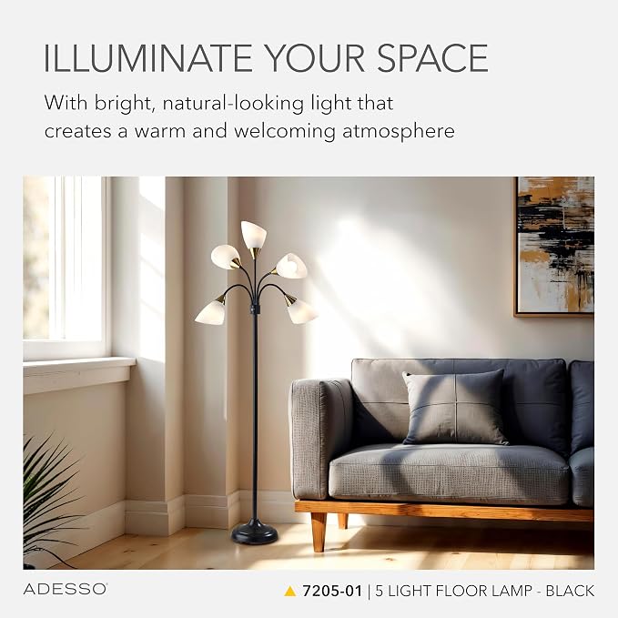 Adesso Floor Lamp with 5 Movable Shades & Adjustable Brightness – Perfect Lighting for Bedroom Decor, Beauty & Art Studio, Black