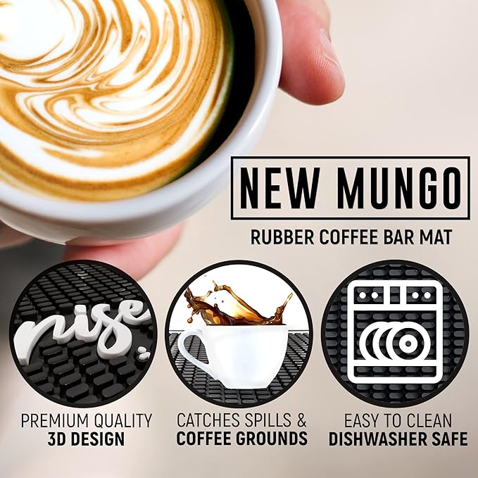 New Mungo Coffee Bar Mat – “Rise & Shine It’s Coffee Time” – Spill-Proof PVC Coffee Station Mat, Non-Slip Countertop Protector 18"x12"