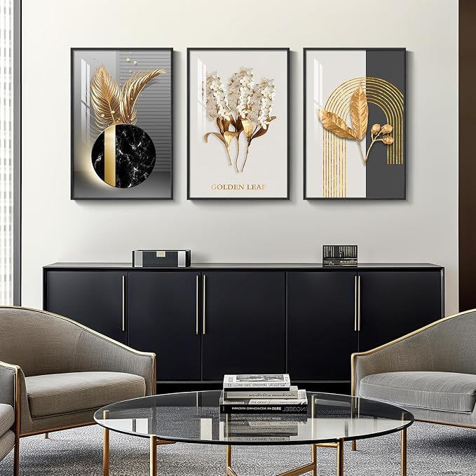 Large Framed Modern Luxury Wall Art for Living Room, 3 Piece Black White Gold Contemporary Art Prints Paintings Artwork for Walls, Big Size Wall Pictures for Hallway, Office Wall Decor 24x36 Inch