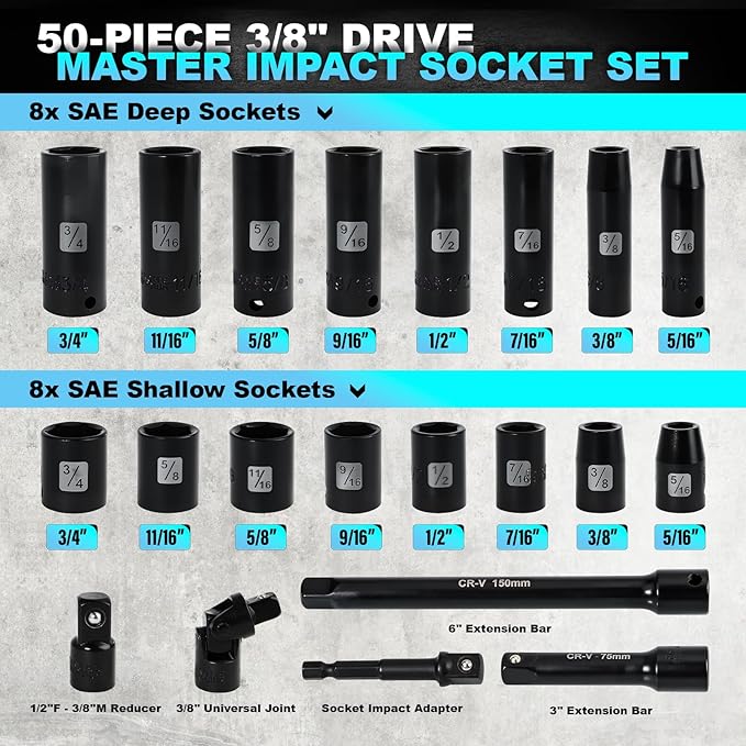 Impact Socket Set, 3/8 inch 50 Piece SAE and Metric Set, Standard SAE (5/16 to 3/4 inch) and Metric (8-22mm) 6 Point, Extension Bars, Impact Universal Joint, Adapter, Cr-V Steel