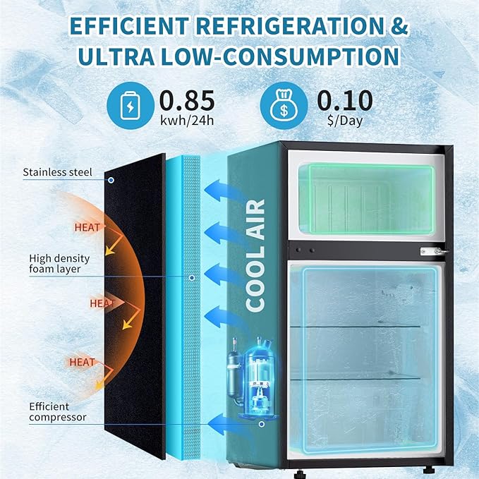 2 Door Mini Fridge with Freezer, 3.2 Cu.Ft Refrigerator and Freezer, Adjustable Thermostat, Energy Saving, Low Noise, Small Refrigerator for Bedroom, Dorm, Office