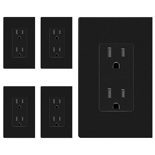 ENERLITES 5 Pack Matter Black Decorator Receptacle with Screwless Wall Plate, Standard Electrical Wall Outlet, 15A 125V, Self-Grounding, 2-Pole, 3-Wire, 5-15R, UL Listed, Tamper Resistant